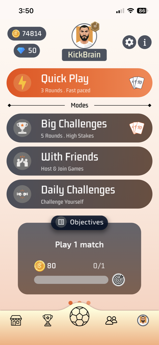Playmaker home screen showing Quick Play, Big Challenges, friends, daily challenges, and objectives