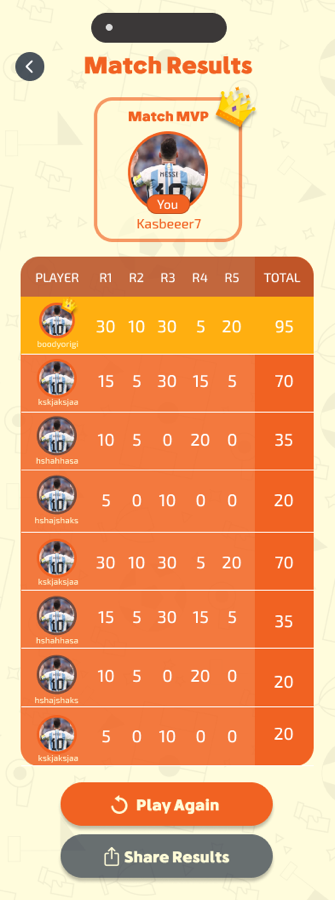 Match results table with MVP and round scores