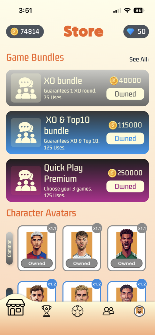 Playmaker store with game bundles and character avatars